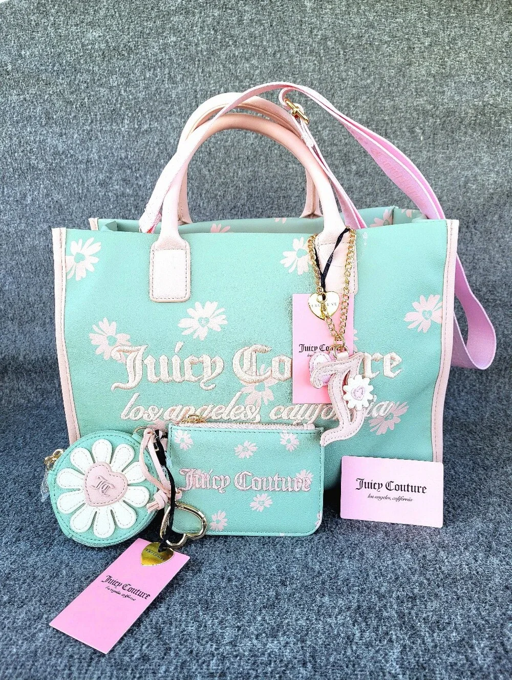 Juicy Couture Daisy For Juicy Tote Frosty Green Pink With Matching Card Wallet